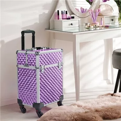 Rolling Makeup Train Case Large Storage Cosmetic Box Sliding Rail Purple Renewed • $39.99