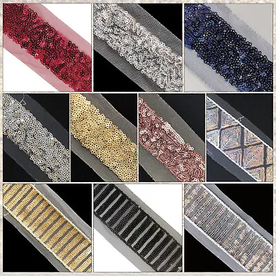 4 Metres Sequin Trimming Ribbon Haberdashery Net Fabric Dress Craft Lace Trim • £4.85