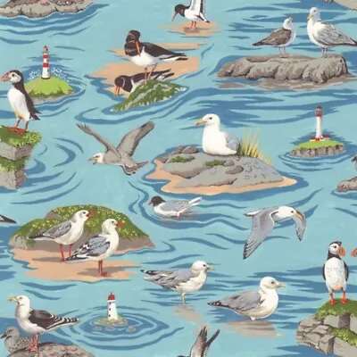 100% Cotton Fabric Nutex By The Sea Lighthouse Waves Seagull Seashells Ocean • £5.25