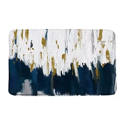 Navy Blue Gold Bath Mat Abstract Brush Strokes Oil Painting Watercolor Stripe... • $23.72