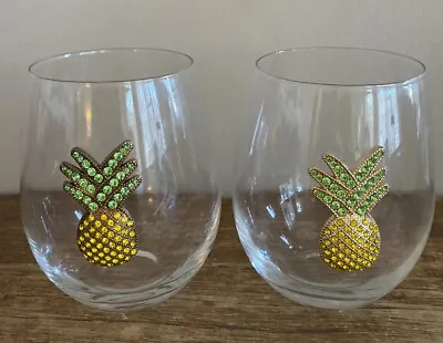 Jeweled Rhinestone Pineapple Stemless Wine Glasses Home Decor Set Of 2 • $17.15