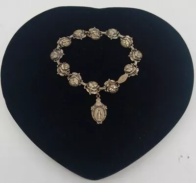 Vintage 925 Sterling Silver Roses And Catholic Saints Rosary Bracelet 7  • $60