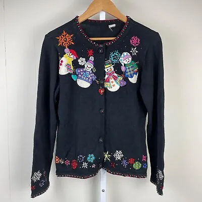 Michael Simon Christmas Cardigan Sweater Winter Snowman Beaded Womens Medium • $44.99