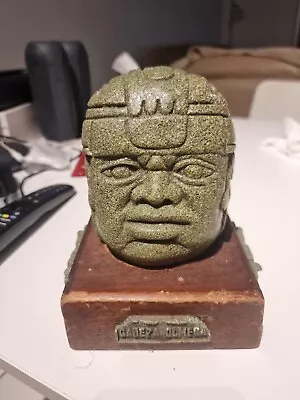 Ancient Olmec Head Aztec Mayan Paperweight Figurine Green Crushed Stone  Mexico • $40