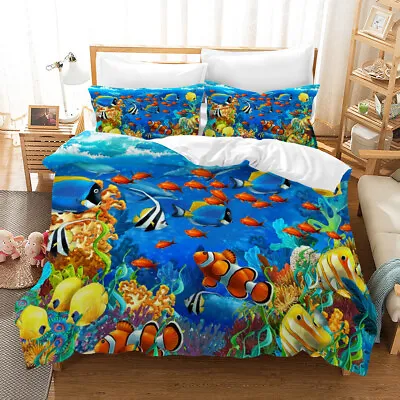 3D Fish Clownfish Coral Sea Blue Quilt Cover Set Duvet Cover Bedding Pillowcases • $85.49