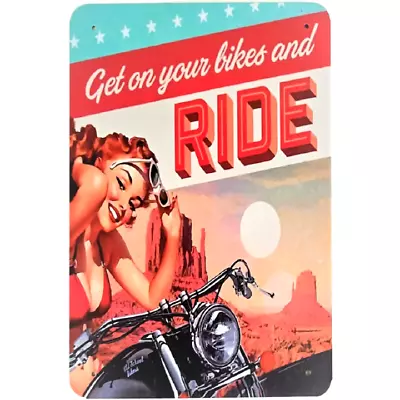 Vintage Style Biker Babe Metal Sign 12 X8  (Reprint) Get On Your Bikes And Ride! • $13.50