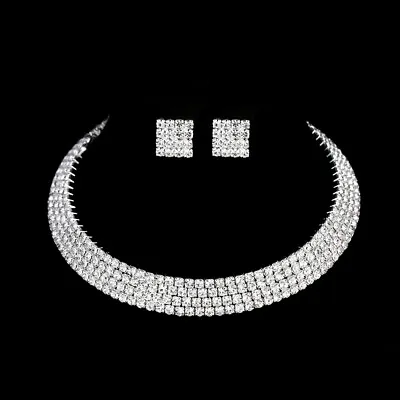 £7.49 • Buy Crystal Diamante Collar Silver Necklace And Earrings Set Costume Jewellery