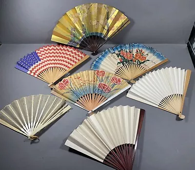 Vintage Folding Paper Fan Lot Asian Gold Leaf Art Birds Floral Chinese Decor • $29.95