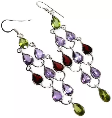 Chandelier Earrings Multi Colour Gemstones 3  Long Sterling Silver 3 Birthstones • £39.99