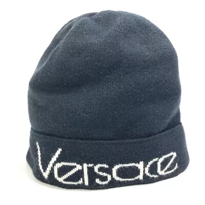 VERSACE Logo Beanie Knit Cap Hat Knit Hat Wool / Silk Black/White • $313.50
