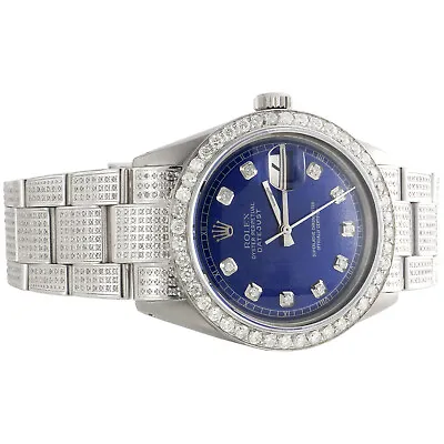 Mens Rolex 36mm DateJust Diamond Watch Fully Iced Band Custom Blue Dial 5.10 CT. • $7895