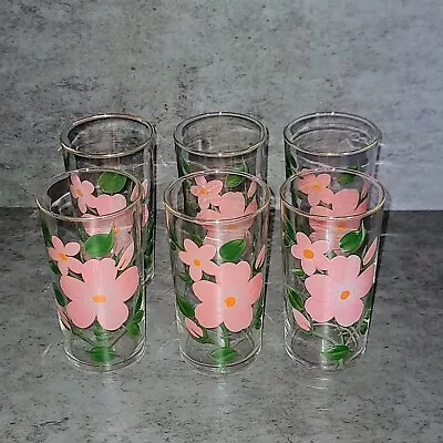Set Of 6 Federal Glass Gold Trim Pink Floral Drinking Glasses Tumblers • $19