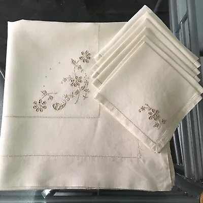 £29.99 • Buy Vintage Linen Tablecloth 6 Napkins Ecru Cut Embroidery 54” Square Ladder Stitch