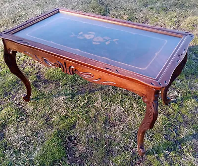 Carved Mahogany Inlaid Top Coffee Table With Glass Serving Tray  (RP)  (CT350) • $599