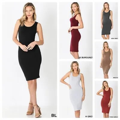 Women Cotton Spandex Scoop Neck Sleeveless Tank  Bodycon Pencil Midi Dress S-xl • $13.95