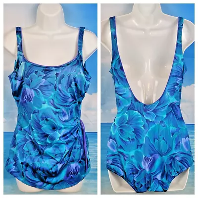 MAINSTREAM Womans SWIM DRESS 1 Piece BLUE/GREEN Bathing FLORAL Suit Size Lg • $14.95