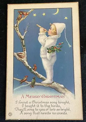 Beautiful Stecher Vintage Postcard Girl Playing To Birds Moon Birch Christmas • $2.90