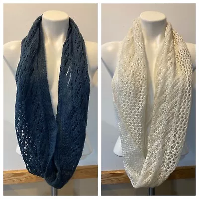 Forever 21 Lot Of 2 Infinity Crocheted Knit Winter Scarves Ivory White Blue • $15