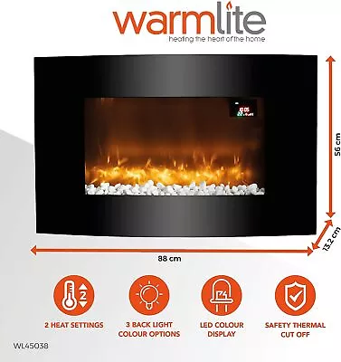 Wall Mounted Fireplace  Warmlite WL45038 Glasgow Curved Glass LED Flame Effect • £109.95