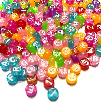 200x Jelly Colour English Alphabet White Letter 6mm  Flat Round Beads • £3.39