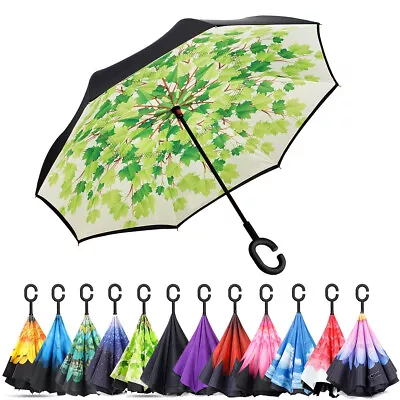 Windproof C-Handle Reverse Umbrella Upside Down Double Layer Inside-Out Inverted • $9.95