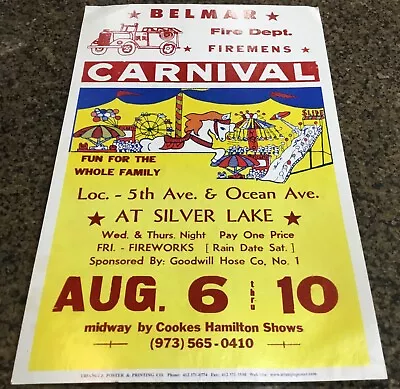 Vintage Belmar NJ Fire Department Carnival Sign Poster Triangle Co 22  X 14  • $50.57