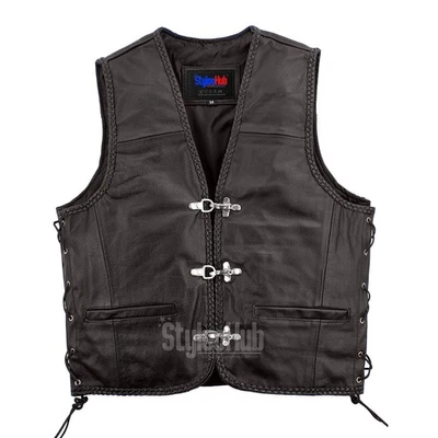 Gilet Jeans Uomo Biker Gilet In Pelle Per Motociclista Rocker LW26 - Nero Con Tasche E Fodera In Satin Gilet Pelle Motociclista - Foto 9