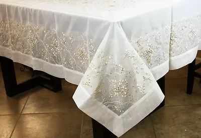 $39 • Buy 72x90  Embroidered Lace Gold Sheer Tablecloth 8 Napkins Wedding Bridal Party