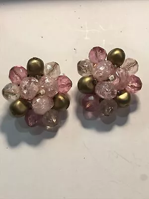 Vintage Purple & GoldWest Germany Large Beaded Clip On Cluster Earrings • $10