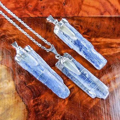 Kyanite Quartz Necklace - Large Crystal Point Pendant - Silver Plated CR28 • $16.52