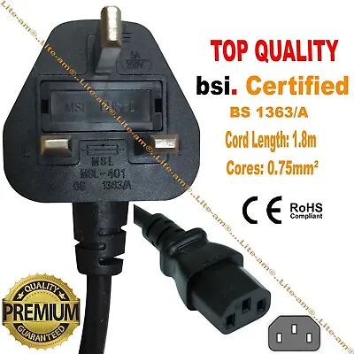 Computer Mains Lead 1.8m Power Cable Cord UK 3 PIN Plug To IEC C13 Top Quality • £7.50