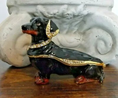 Black Dachshund Dog Trinket Box Jeweled Enameled NIB - So Cute! • $33.15