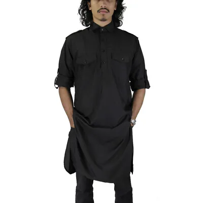 Hijaz Mens Kurta Cotton Tunic Indian Party Wear Throbe Streetwear Top-BK • $24.99