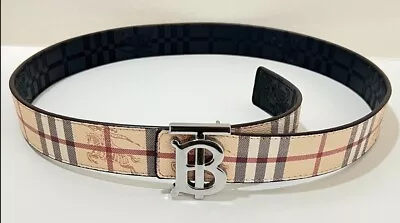 Burberry TB Logo Plaid & Black Reversible Belt W Silver Buckle Unisex Size 35-37 • $199.99