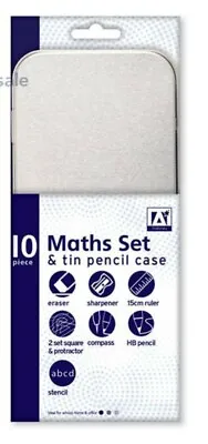 Geometry Maths Set 10 Pieces Tin Case Included Mathematical Instruments School  • £5