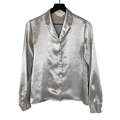 Vintage Silver Satin Top Blouse Long Sleeve Button Down Silky Shirt Women's 4 • $22.99