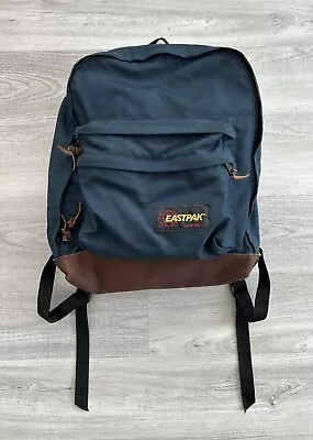 Vintage Eastpak Backpack Leather Bottom Made In USA Color Blue Vintage 90s • $42