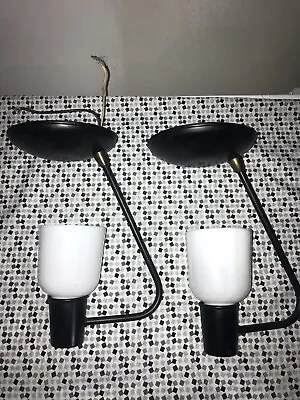 MOE Mid Century Ceiling Light Pair Black Milk Glass McCobb Style Tubular +Brass • $109