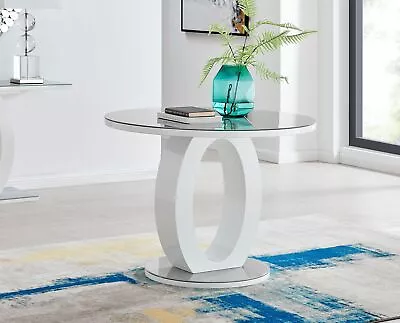 £454.99 • Buy GIOVANI Round Grey Glass & White High Gloss Halo Leg Dining Table