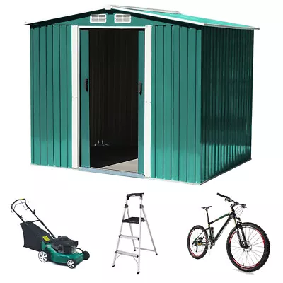 8x8FT Green Metal Garden Shed Apex Roof With Free Foundation Tools Storage House • £309.99