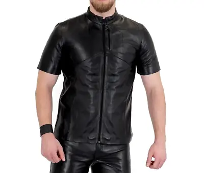 Men's Real Leather Zip Up Shirt Sexy Short Sleeve Leather Shirt Zip Up Front • $99