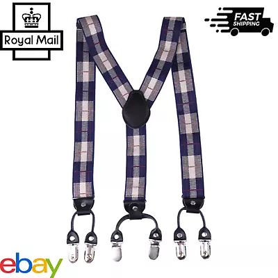 Mens Braces Y Shape Heavy Duty 35mm Wide Suspenders Button Braces Retro Plaid Uk • £6.69