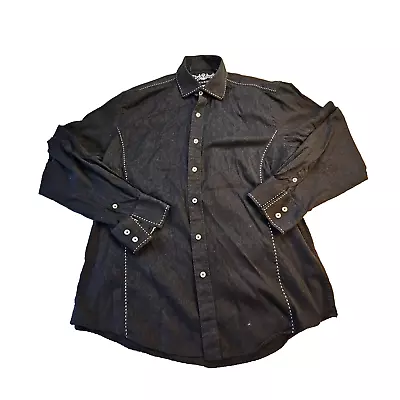 ZAGIRI Mens Shirt Large Embroidered Flip Cuff Floral Button Up Textured Black • $14.95