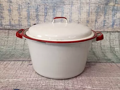 Vintage Enamelware Handled Stock Pot White With Red Trim And Lid - Good! Light! • $29.99