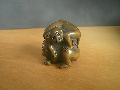 Hand Carved Wood Netsuke Of 3 Monkeys Playing Pile Up Collectable Ape Figure • £24.99