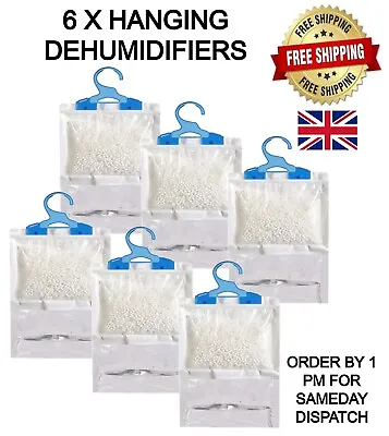 6 X Hanging Wardrobe Interior Dehumidifiers Bags Moisture Absorber Fits Anywhere • £14.49