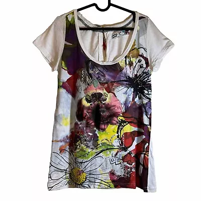 Desigual Women’s White Tshirt With Colourful Design - Size XL Tie Back Top • $45