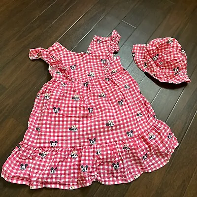 Minnie Mouse Dress Girls Sundress Disney Short Sleeved Gingham Dress & Sunhat • £4.99