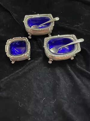 Set 3 Vintage English Silver Plate Master Salts W/cobalt Blue Inserts W/2 Spoons • $45