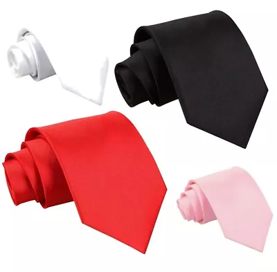 Mens Long Tie Satin Plain Solid Colour Wedding Necktie Formal Prom • £3.99